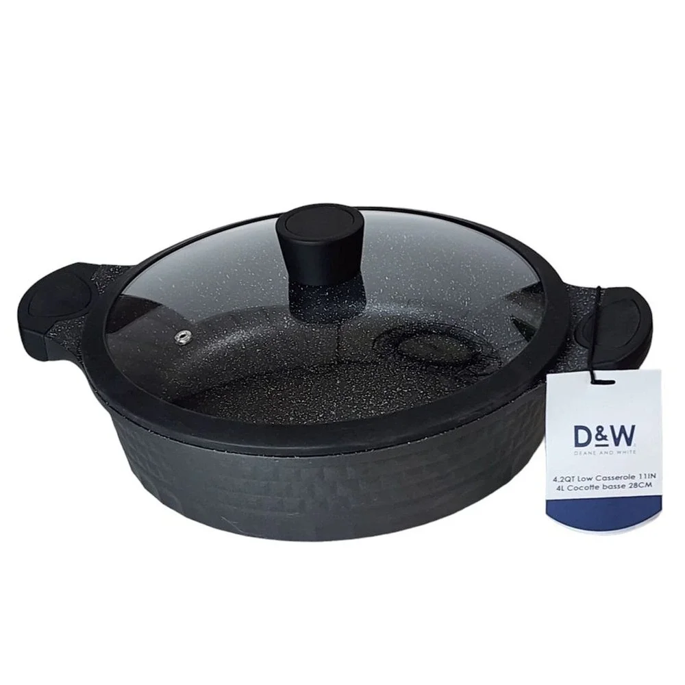 D&W Cookware 11inch Low Casserole Pan With Lid Non Stick 4.2QT Black